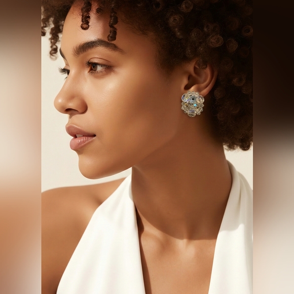 germany Jewelry - Vintage 1950s Germany AB Crystal Beaded Cluster Clip on Earrings